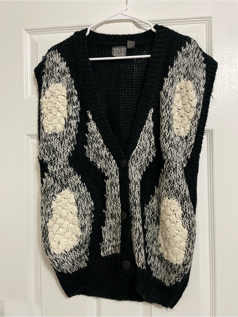 Vintage 80s Blvd East Abstract Knit Sweater Vest Black White Cream Size 38